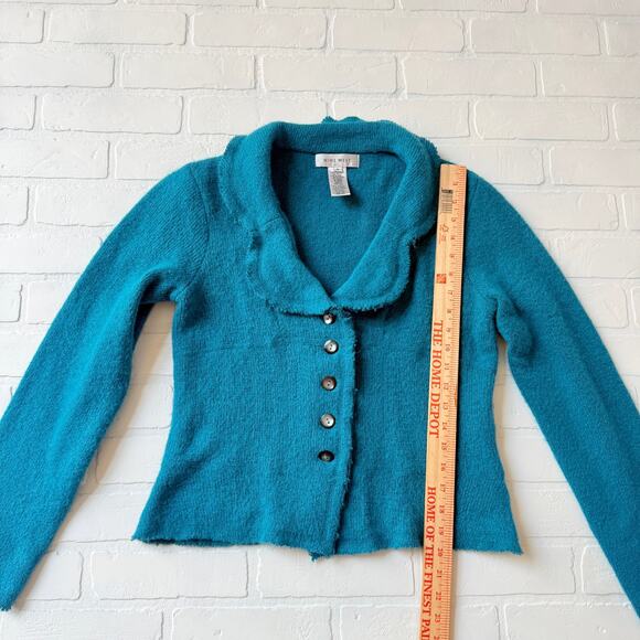 Nine West Women's Turquoise Blue Wool Blend Scalloped Collar Cardigan sz M - Picture 6 of 7